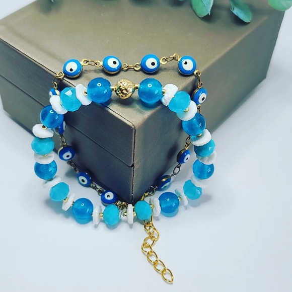 Blue agate, Mather of pearl and Evil Eye Bracelet set - Picture 2 of 3